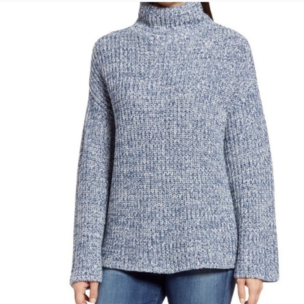 Caslon Shaker Knit Mock Neck Sweater Blue Ensign Ivory White Marl Medium NWT